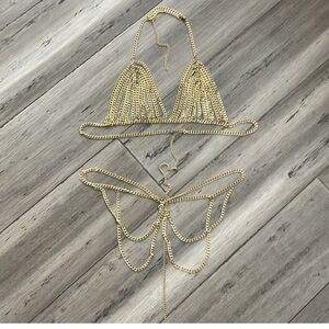 Bluebella Anthropologie Gold Body Jewelry Chain Bra Panty Set XS/S Holiday